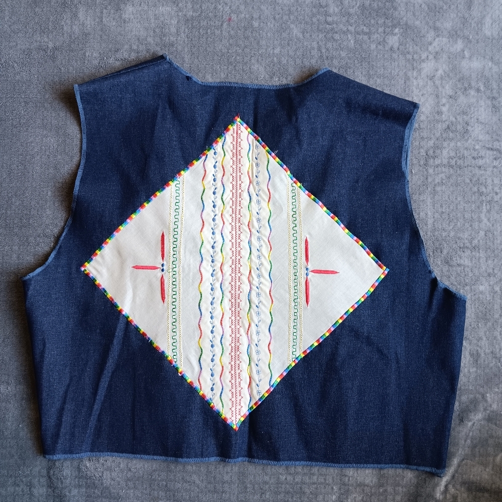 Vintage Denim Embroidered Patch, Open Front Boho Festival Vest, Size XL - XXL